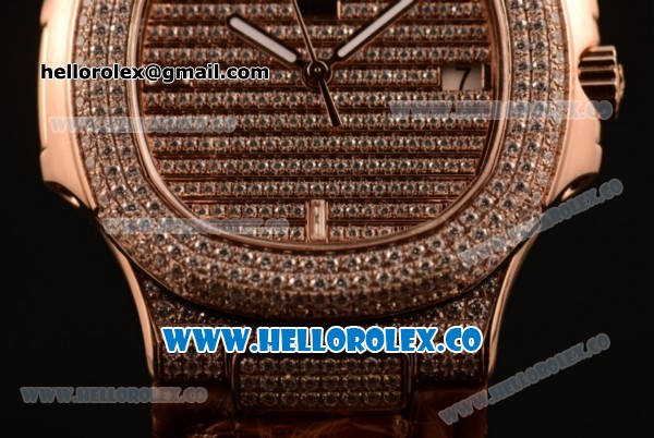 Patek Philippe Nautilus Miyota 9015 Automatic Diamonds/Rose Gold Case with Diamonds Dial and Brown Leather Strap (AAAF) - Click Image to Close